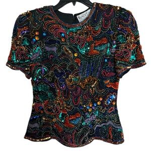 BLACK TIE by Oleg Cassini Women's Colorful Bright Sequin Short Sleeve Top Small